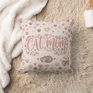 Adorable Cat Mum Decorative Soft Pink Pillow