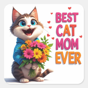 Adorable Cat Mum Kitty With Flower Hearts 🐱 Square Sticker