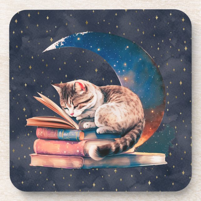 Adorable Cat on the Moon Reading A Book Coaster (Front)
