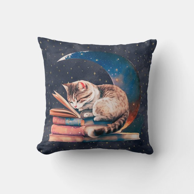 Adorable Cat on the Moon Reading A Book Cushion (Front)