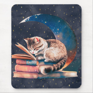 Adorable Cat on the Moon Reading A Book Mouse Pad
