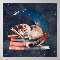 Adorable Cat on the Moon Reading A Book