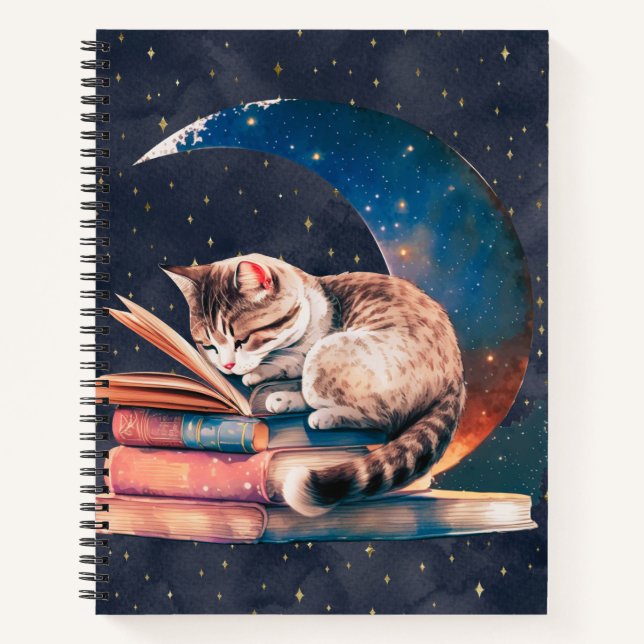 Adorable Cat on the Moon Reading A Book Sketchbook (Front)