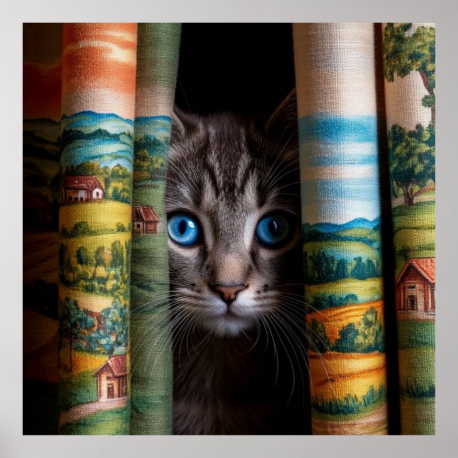Adorable Cat Peeking Through Colourful Curtains Poster (Front)