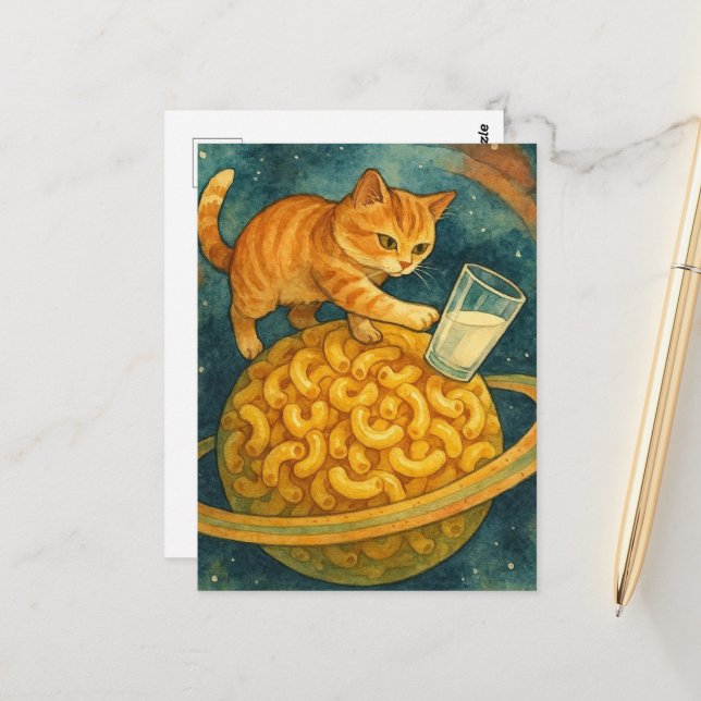 Adorable Cat Pushing Milk Off Planet Postcard (Front/Back In Situ)