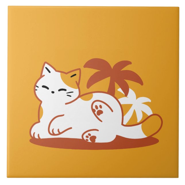 Adorable Cat Relaxing in the Sunshine – Summer Pet Ceramic Tile (Front)