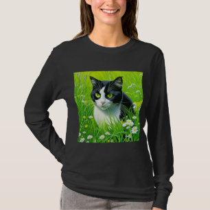 Adorable Cat sitting in a field of Daisies T-Shirt