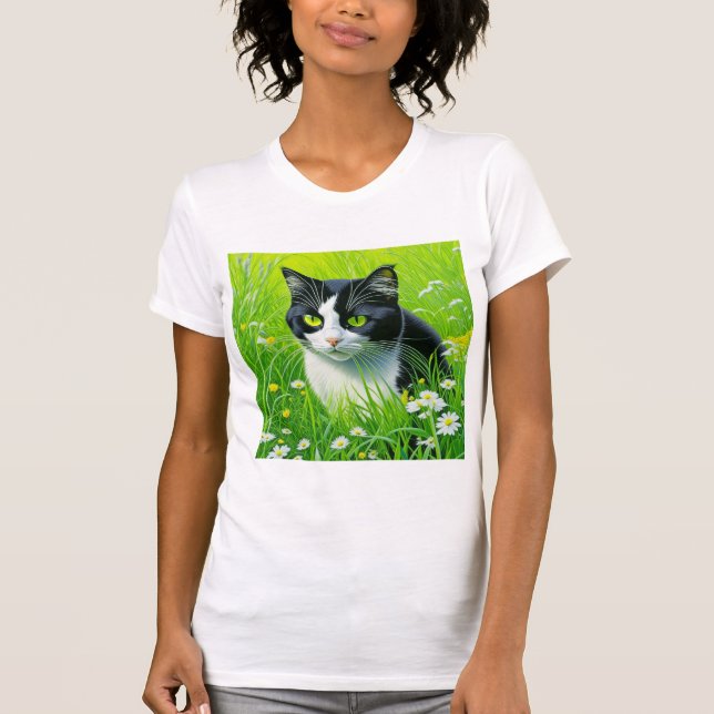 Adorable Cat sitting in a field of Daisies  T-Shirt (Front)