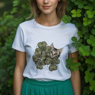 Adorable cat surrounded by green clover leaves Tri-Blend shirt
