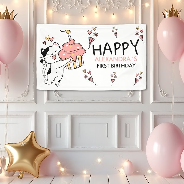 Adorable Cat-Themed First Girl Birthday Banner (Creator Uploaded)