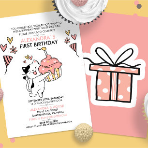 Adorable Cat-Themed First Girl Birthday Invitation