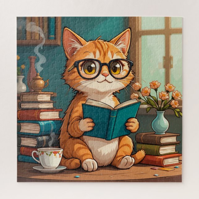 Adorable Cat Wearing Glasses Reading a Book Jigsaw Puzzle (Vertical)