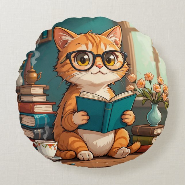 Adorable Cat Wearing Glasses Reading a Book Round Cushion (Front)