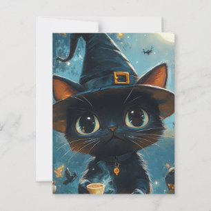 Adorable Cat Witch Postcard