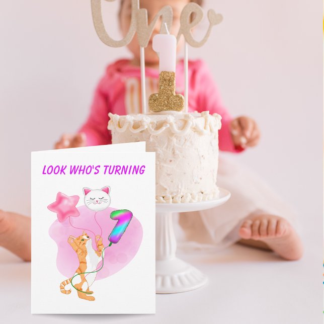 Adorable Cat With 1st Birthday Balloons  Card (Creator Uploaded)