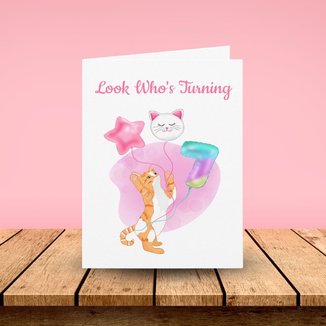 Adorable Cat With 7 Birthday Balloons Card (Creator Uploaded)