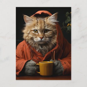 Adorable Cat With Coffee Postcard