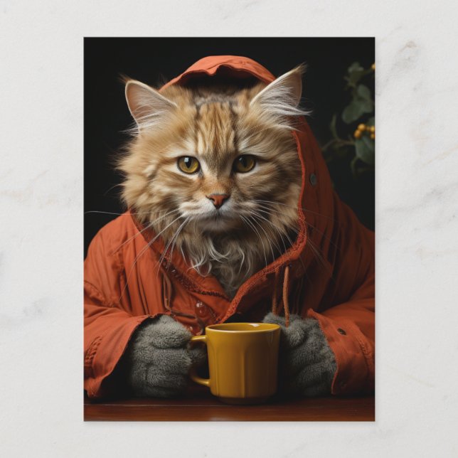 Adorable Cat With Coffee Postcard (Front)