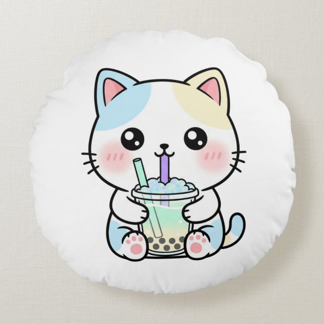 Adorable Cat with Drink – Throw Pillow (Front)