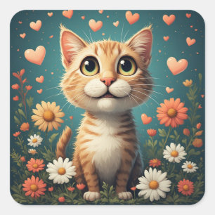 Adorable Cat With Flowers Hearts And Joyful Look Square Sticker