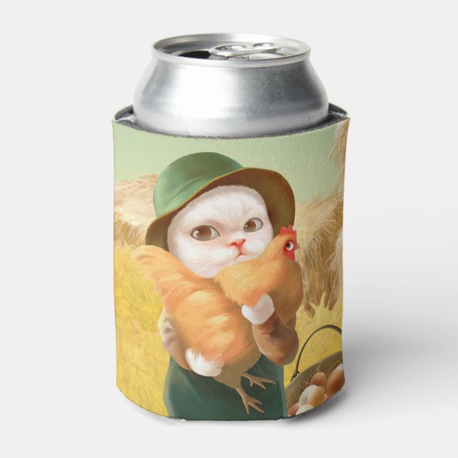 Adorable Cat with Hen on Farm Can Cooler (Can Front)