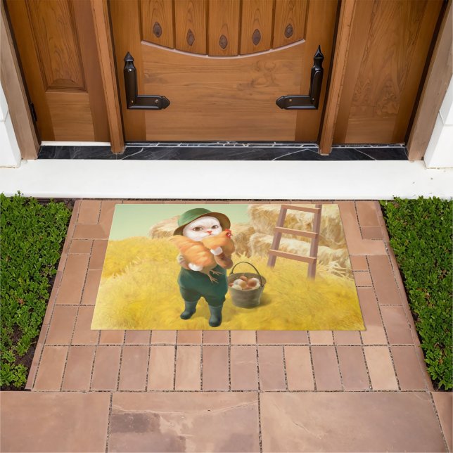 Adorable Cat with Hen on Farm Doormat (Outdoor)