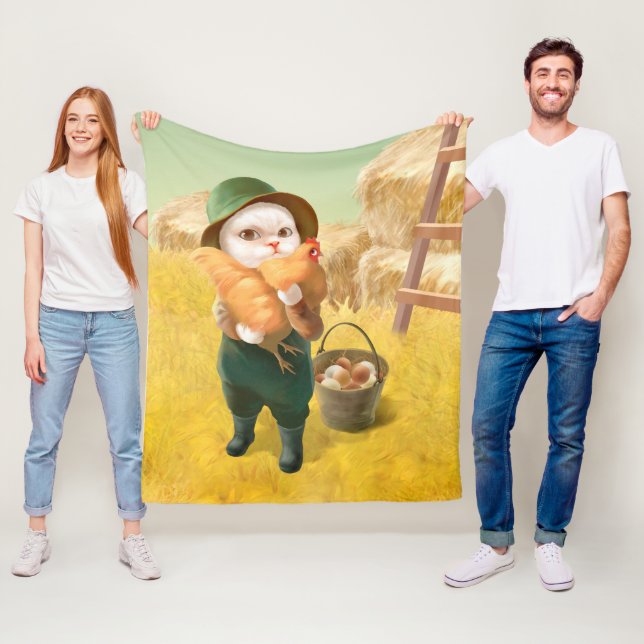 Adorable Cat with Hen on Farm Fleece Blanket (In Situ)