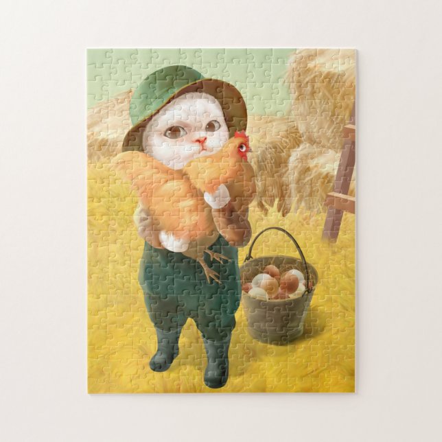 Adorable Cat with Hen on Farm Jigsaw Puzzle (Vertical)