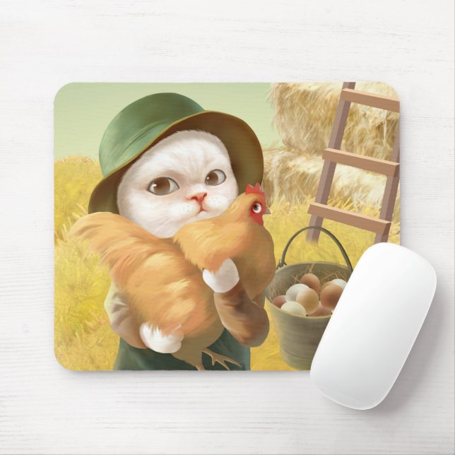 Adorable Cat with Hen on Farm Mouse Pad (With Mouse)