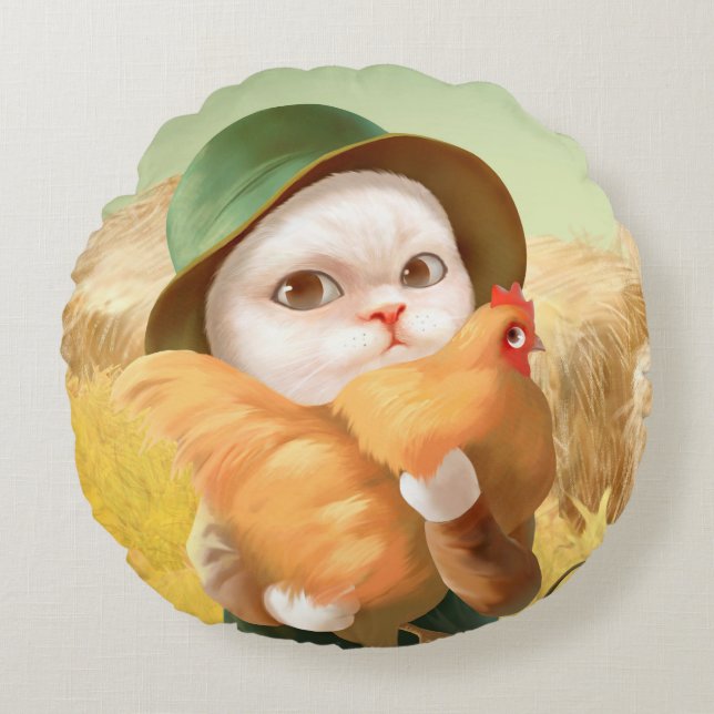 Adorable Cat with Hen on Farm Round Cushion (Front)