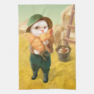 Adorable Cat with Hen on Farm Tea Towel