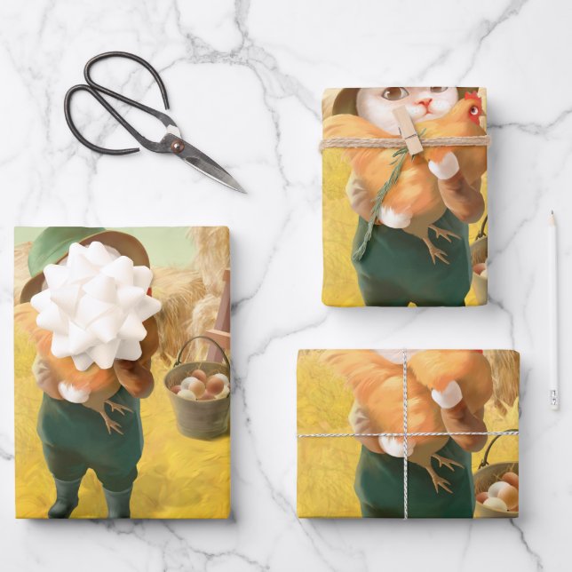 Adorable Cat with Hen on Farm Wrapping Paper Sheet (Front)
