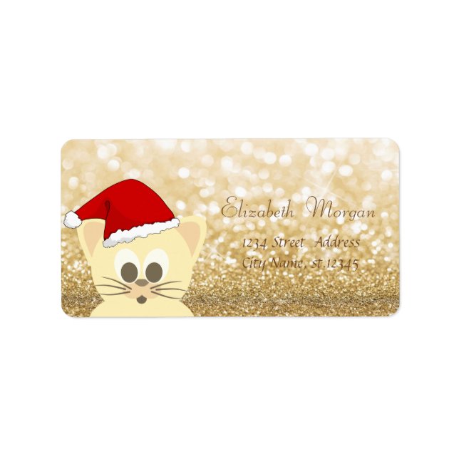 Adorable Cat With SantaHat, Glittery Bokeh Label (Front)
