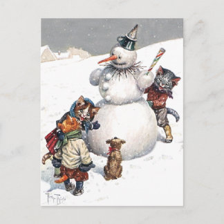 Adorable Cats Building a Snowman Holiday Postcard