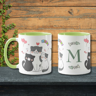 Adorable Cats Meow Hearts Themed Monogram Mug