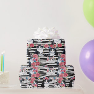 Adorable Cats Pink Roses and Black Stripes Wrapping Paper