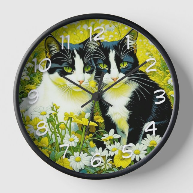 Adorable Cats sitting in a field of Daisies  Clock (Front)