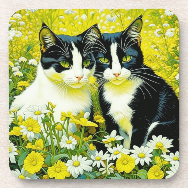 Adorable Cats sitting in a field of Daisies  Coaster (Front)