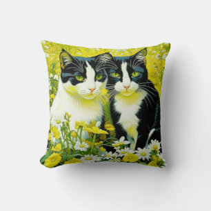 Adorable Cats sitting in a field of Daisies  Cushion