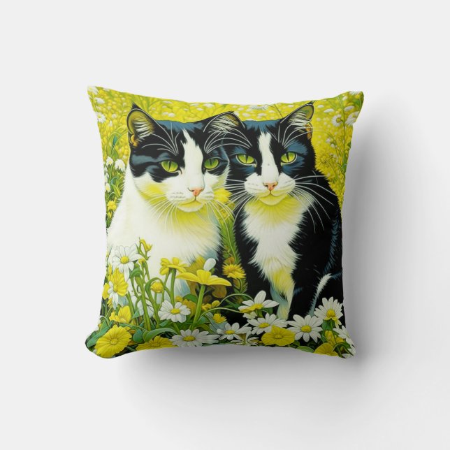 Adorable Cats sitting in a field of Daisies  Cushion (Front)