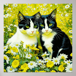Adorable Cats sitting in a field of Daisies Poster