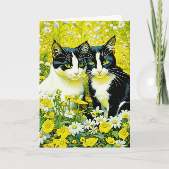 Adorable Cats sitting in Daisies Happy Birthday Card (Front)