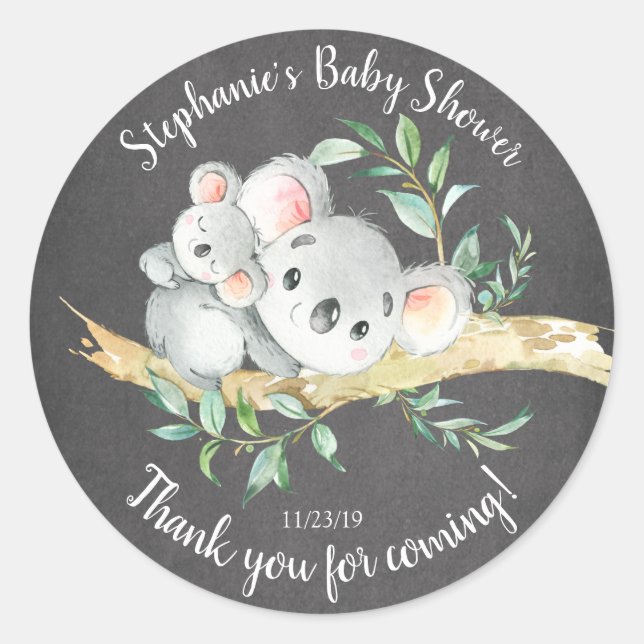 Adorable Chalkboard Koala Bear  Baby Shower Favour Classic Round Sticker (Front)