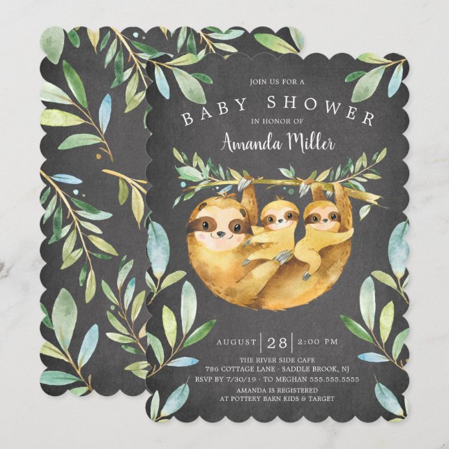 Adorable Chalkboard Sloth Twins Baby Shower Invitation (Front/Back)