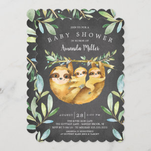 Adorable Chalkboard Sloth Twins Baby Shower Invitation