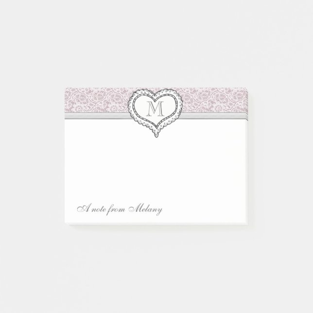 Adorable cheerful romantic lace heart monogram post-it notes (Front)