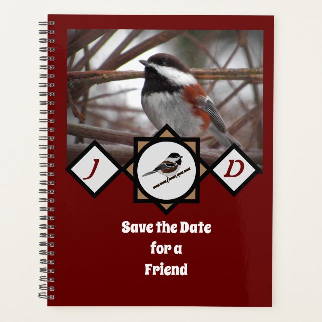 Adorable Chestnut Backed Chickadee Monogram Photo Planner (Front)