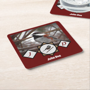 Adorable Chestnut Backed Chickadee Monogram Photo Square Paper Coaster