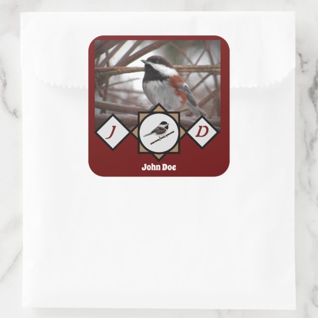 Adorable Chestnut Backed Chickadee Monogram Photo Square Sticker (Bag)