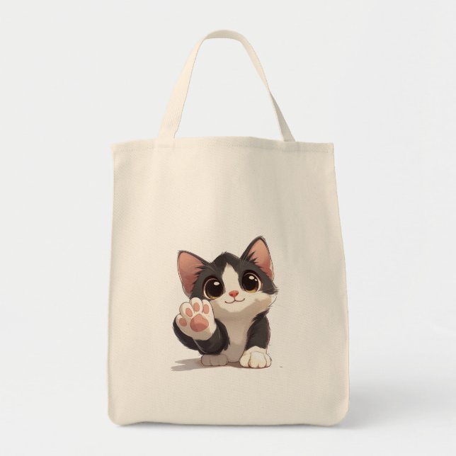 Adorable Chibi Cat Reaching Out – Cute Cartoon Kit Tote Bag (Front)